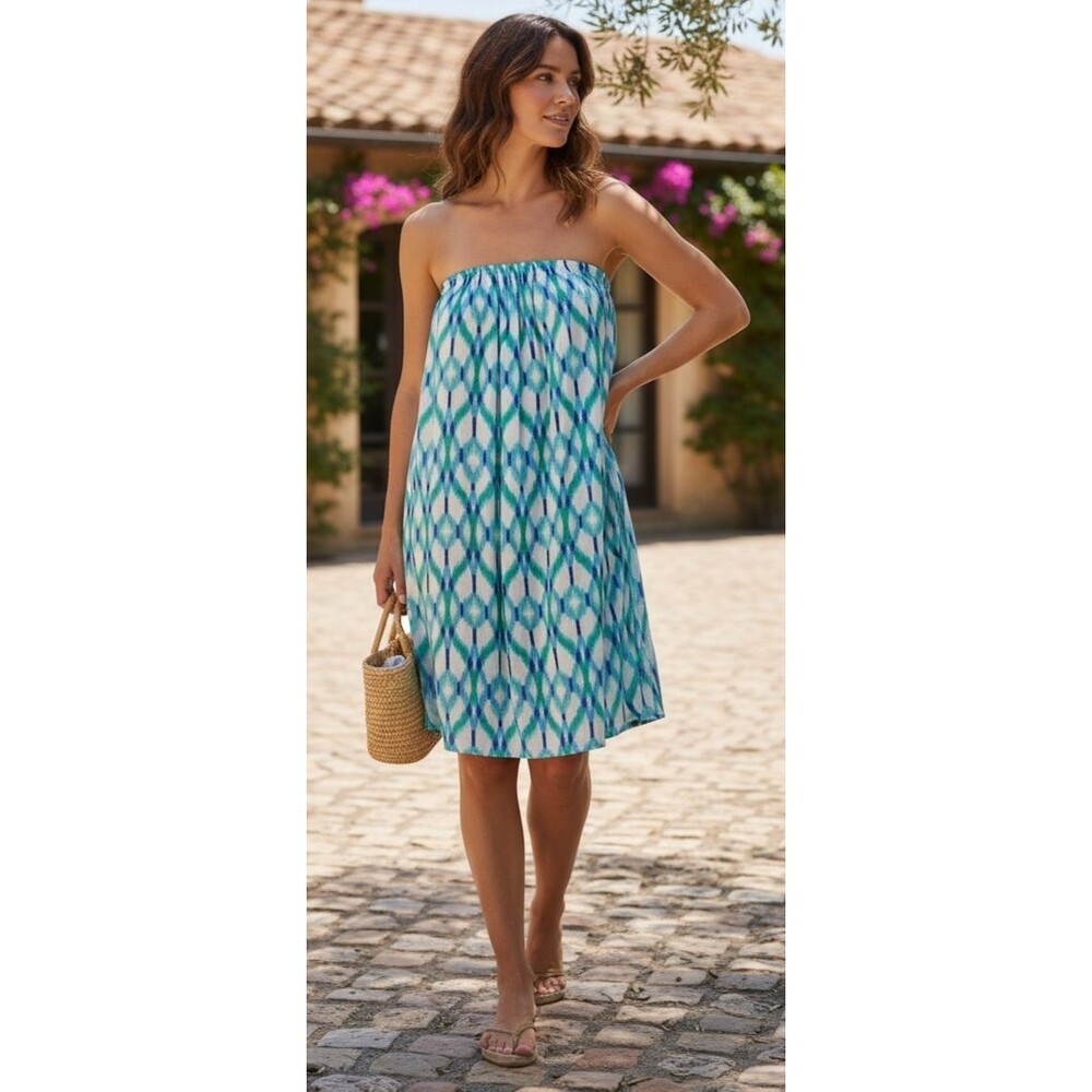 DESIGNER TART MULTICOLOR BLUE PRINT STRAPLESS OPEN BACK SHORT SUMMER DRESS LARGE - Picture 8 of 9